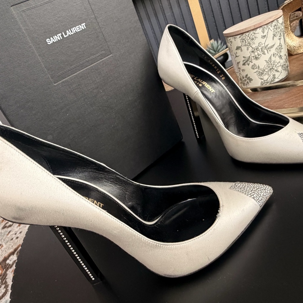 Saint Laurent Cream Pointed Toe Crystal-Trim Pumps - Picture 3 of 3